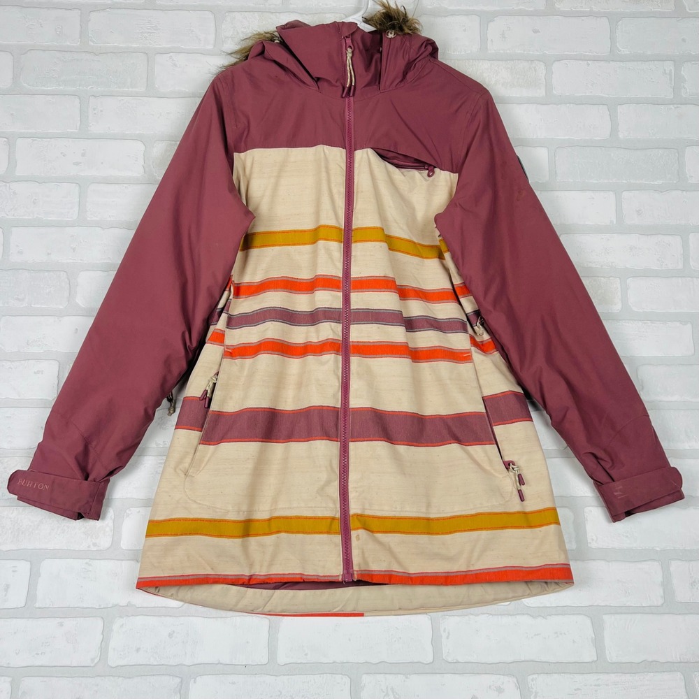 Burton Living Lining Snowboard Jacket Small Striped Faux Fur Hood Burgundy